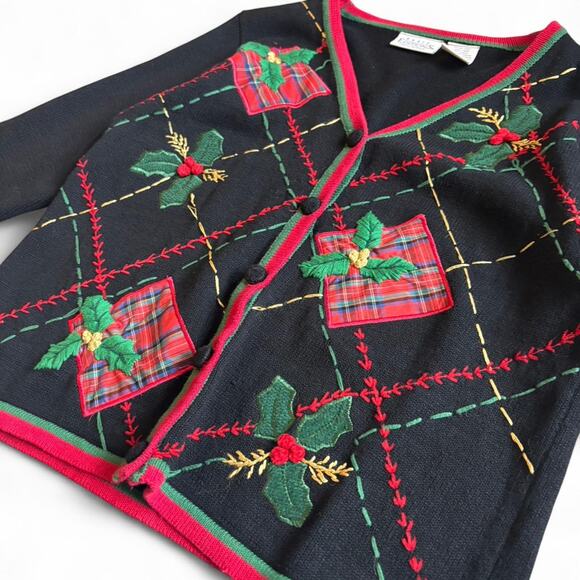 Basic Editions vintage Holiday Black Plaid Gift Embroidered Cardigan Sweater L - Picture 1 of 8